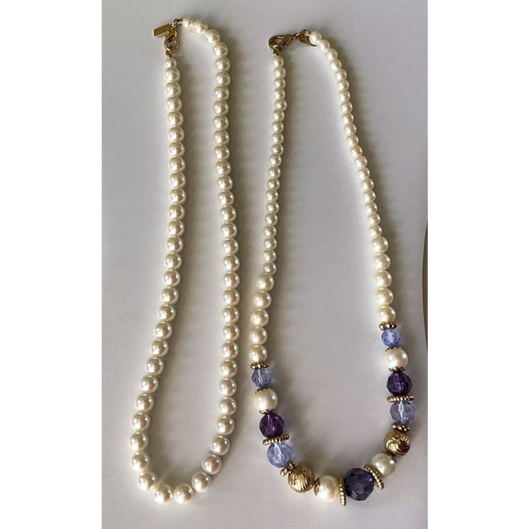 1928 Faux Pearl Necklaces X 2, 1 W/Small Pearls & 1 W/Purple & Gold Beading Vntg - Picture 1 of 13